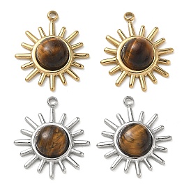 Природных тигровый глаз подвески, 304 Подвески в виде солнечных лучей из нержавеющей стали с оправой