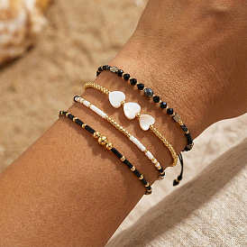 4шт. 4 стили набор эластичных браслетов из стеклянного бисера, плетеный браслет из бусин для женщин, с подвеской в виде сердца из натуральной ракушки и синтетическим немагнитным гематитом.