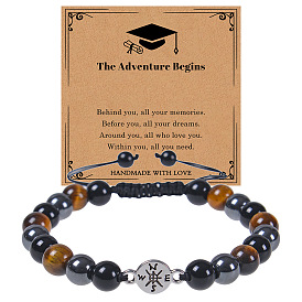 Natural Stone Compass Bracelet with Tiger Eye and Black Magnetic Beads for Graduation Gift