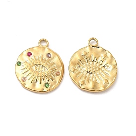 Vacuum Plating 201 Stainless Steel with Rhinestone Pendants, Flat Round with Eye Pattern