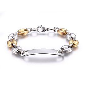 201 Stainless Steel Coffee Bean Chain ID Bracelets, Rectangle