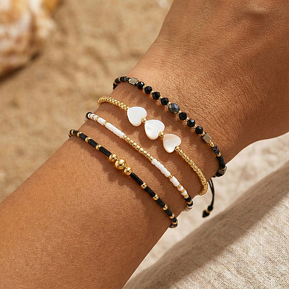 4шт. 4 стили набор эластичных браслетов из стеклянного бисера, плетеный браслет из бусин для женщин, с подвеской в виде сердца из натуральной ракушки и синтетическим немагнитным гематитом.