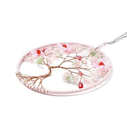 Wire Wrapped Chips Natural Gemstone Big Pendant Decorations, with Iron Chains and Imitation Leather Rope, Flat Round with Tree of Life