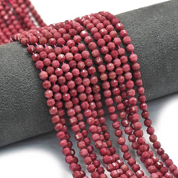 Природные родонит бисер нитей, энергетическая призматическая огранка с двойными концами бусины, граненые двухконусные