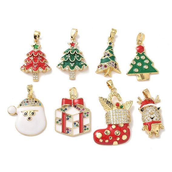 Рождественские латунные подвески с микропаве из фианита, с эмалью, золотые