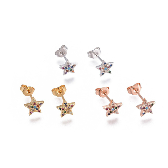 Brass Micro Pave Cubic Zirconia Stud Earrings, with Brass Ear Nuts, Star