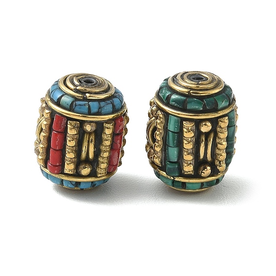 Ручной тибетском стиле бисера, баррель, Латунные бусины, с синтетическими бирюзовый, античное золото 