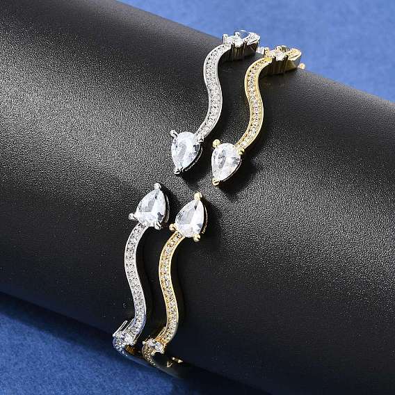 Браслеты-манжеты из латуни с микропаве из прозрачных кубических цирконий для женщин, волнистый край, стойки покрытие, долговечный, без кадмия и без свинца