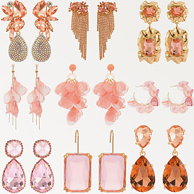 Exquisite Pink Butterfly Geometric Crystal Lace Floral Earrings for Elegant and Sweet Temperament Jewelry