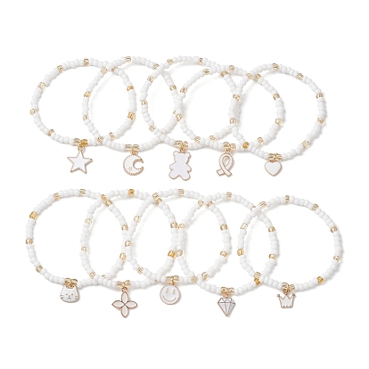 10шт 10 стили стеклянные бусины стрейч браслет наборы, штабелируемые браслеты с подвесками из сплава эмали