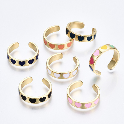 Brass Enamel Cuff Rings, Open Rings, Cadmium Free & Nickel Free & Lead Free, Heart, Golden