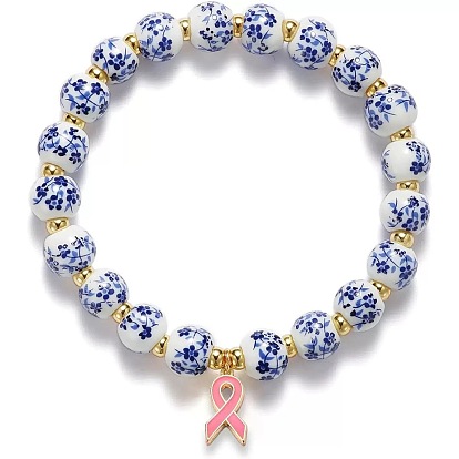 Сплав эмали шарм браслеты, Фарфоровые сине-белые керамические круглые эластичные браслеты с бусинами для женщин, осведомленности ленты