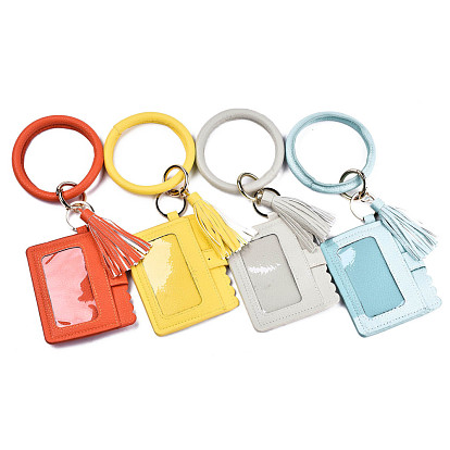 Multifunctional PU Leather Wristlet Circle Key Ring Bangle Card Pocket, Tassel Bangle Key Ring Card Holder, for Women Girls