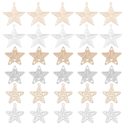60Pcs 3 Style Brass Pendants, Chandelier Components Links, Etched Metal Embellishments, Long-Lasting Plated, Star