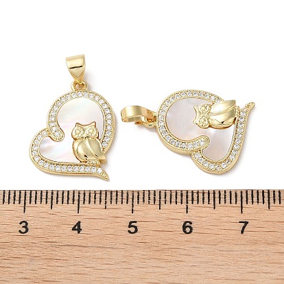 Brass Micro Pave Clear Cubic Zirconia Pendants, with Shell, Real 18K Gold Plated, Owl