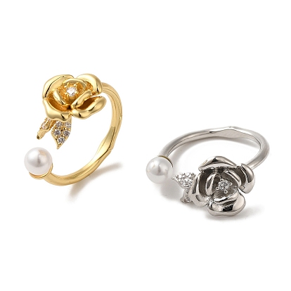 Кольца-манжеты из латуни с покрытием Rose Pave, прозрачные кубические цирконии, для женщин, с абс пластиковым жемчугом, без кадмия и без свинца, долговечный