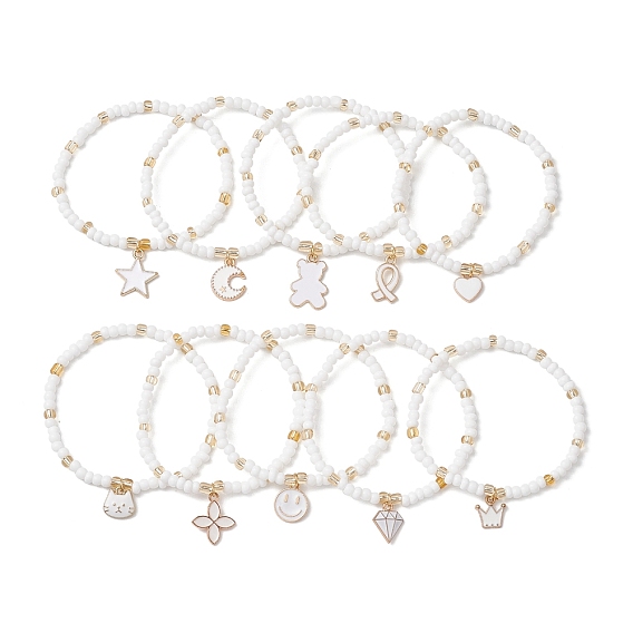 10шт 10 стили стеклянные бусины стрейч браслет наборы, штабелируемые браслеты с подвесками из сплава эмали