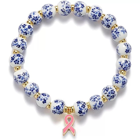 Сплав эмали шарм браслеты, Фарфоровые сине-белые керамические круглые эластичные браслеты с бусинами для женщин, осведомленности ленты