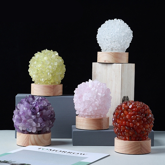 Gemstone Ball Night Light, with USB Wire and Wood Base, for Home Office Desktop Decoration