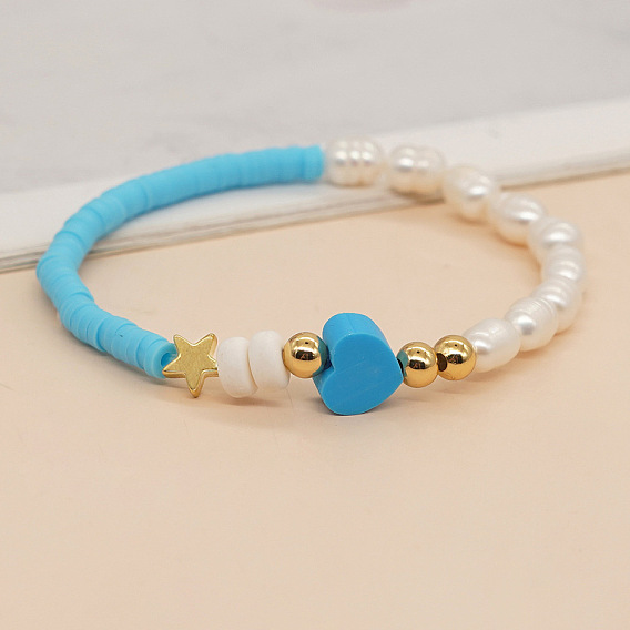 Golden Star, Sky Blue Heart & Pearl Bracelet - Unique Handmade Design