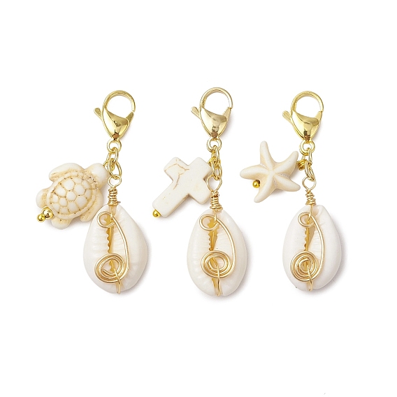 Подвесные украшения из натуральных смешанных ракушек каури, Застежка-лобстер и подвески в виде черепахи и морской звезды из синтетической бирюзы для украшения сумок