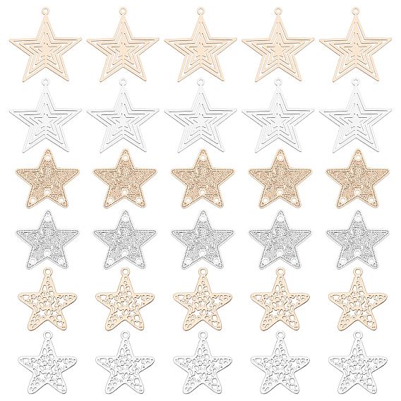 60Pcs 3 Style Brass Pendants, Chandelier Components Links, Etched Metal Embellishments, Long-Lasting Plated, Star