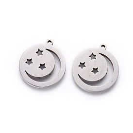 Pendentifs en acier inoxydable, polissage manuel, plat rond avec la lune et étoile