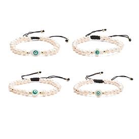 Natural Shell & Pearl Braided Bead Bracelet, Evil Eye Adjustable Bracelet for Women
