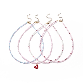 4шт 4 набор ожерелий из натурального розового кварца и стеклянных бусин, ожерелья с подвесками в форме сердца из сплава эмали для женщин