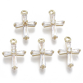 Brass Micro Pave Cubic Zirconia Pendants, Nickel Free, Real 18k Gold Plated, Cross
