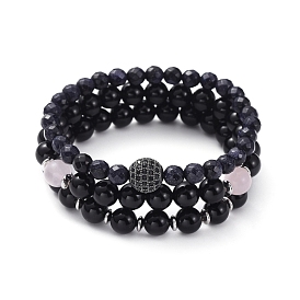 Stretch Bracelet Sets, Natural Black Agate(Dyed) with Natural Rose Quartz Beads/Spacer Beads Beaded Bracelets & Synthetic Blue Goldstone with Brass Cubic Zirconia Beaded Bracelets, with Jewelry Box