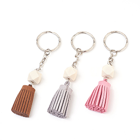 Faux Suede Cord Tassel Keychain, with Wood Beads and Metal Findings, Faceted Polygon