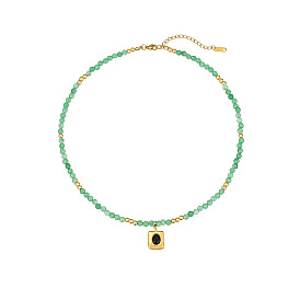 Ожерелья из натуральных зеленых бусин авантюрина, Прямоугольные ожерелья с подвесками в виде ракушек из нержавеющей стали для женщин