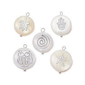Natural Freshwater Shell Pendants, Flat Round Charms with Silver Color Tone Brass Slices