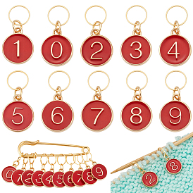 10 шт. сплав эмалированный номер 0~9 подвесные маркеры стежков, с латунными соединительными кольцами и 304 булавками из нержавеющей стали брошь, плоско-круглые