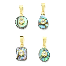 Natural Abalone Shell/Paua Shell Micro Pave Cubic Zirconia Pendants, Mixed Shapes Charm, with 304 Stainless Steel Snap on Bails