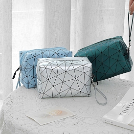 Rhombus Pattern Portable PU Leather Makeup Storage Bag, Travel Cosmetic Bag, Multi-functional Wash Bag, with Pull Chain