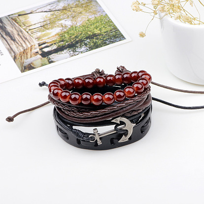 Retro Vintage Rope Anchor Bracelet - Fashionable Leather Bracelet, Agate Beaded Bracelet.