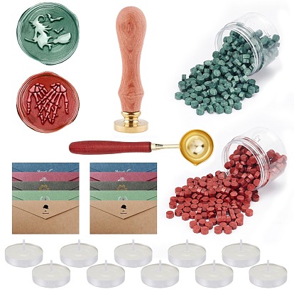 DIY Scrapbook Making Kits, Including Sealing Wax Particles, Pear Wood Handle, Brass Wax Seal Stamp, Brass Spoon, Candles, Paper Invitation Envelope