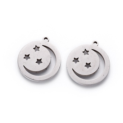 Pendentifs en acier inoxydable, polissage manuel, plat rond avec la lune et étoile
