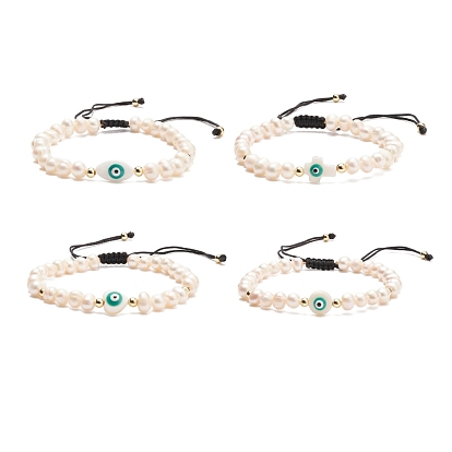 Natural Shell & Pearl Braided Bead Bracelet, Evil Eye Adjustable Bracelet for Women