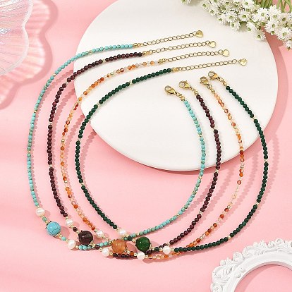 Gemstone Round and Natural Cultured Freshwater Pearl Beaded Necklaces, Golden