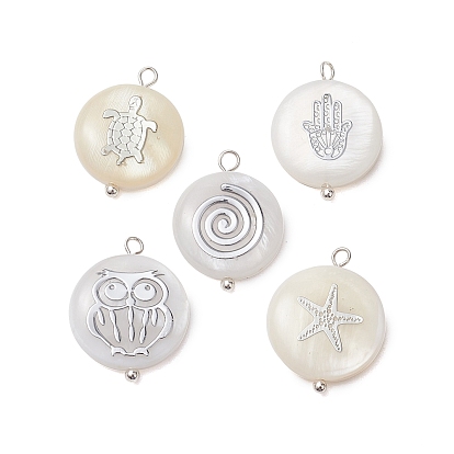 Pendentifs de coquillages d'eau douce naturelle, Breloques rondes et plates avec tranches de laiton de couleur argentée