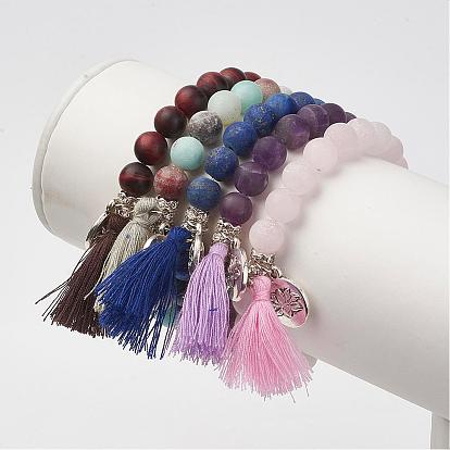 Natural Gemstone Beads Stretch Bracelets, with Brass & Alloy Findings & Tassel Pendants, Frosted, Round & Buddha Head, Burlap Packing