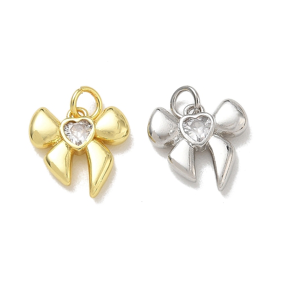 Latón micro pavimenta claro cubic zirconia encantos, encantos del bowknot, chapado en rack, larga duración plateado, sin plomo y cadmio