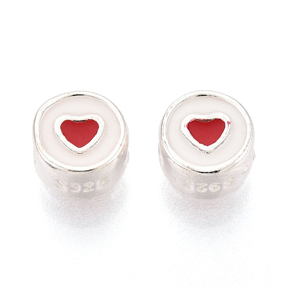 925 Плоское круглое эмалированное украшение из стерлингового серебра с бусинами в форме красных сердечек, с печатью 925