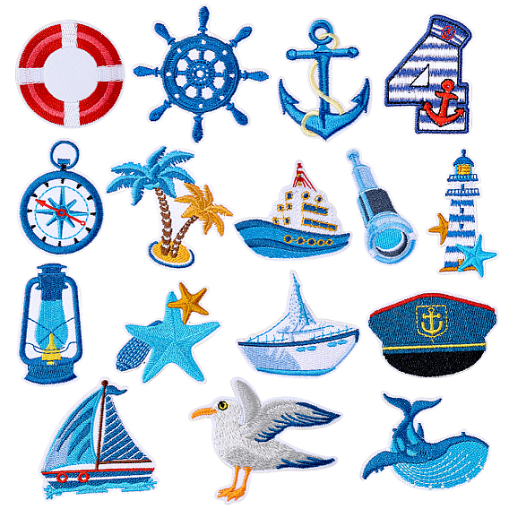 16шт. 16 стили, серия "Парусный спорт", вышивальные нитки, пришивные/приклеиваемые утюгом нашивки, термоклей, аппликации из ткани, разнообразные
