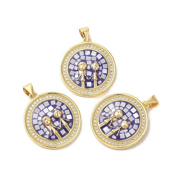 Стойки обшивки латунь кубического циркония подвески, с эмалью и ракушкой, долговечный, без свинца и без кадмия, реальный 18 k позолоченный, плоские круглые с девушкой