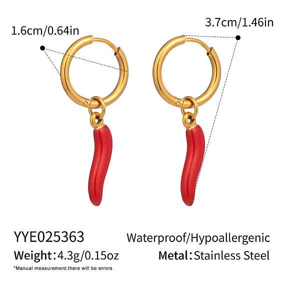 Женские серьги-кольца из нержавеющей стали с красной эмалью и перцем чили