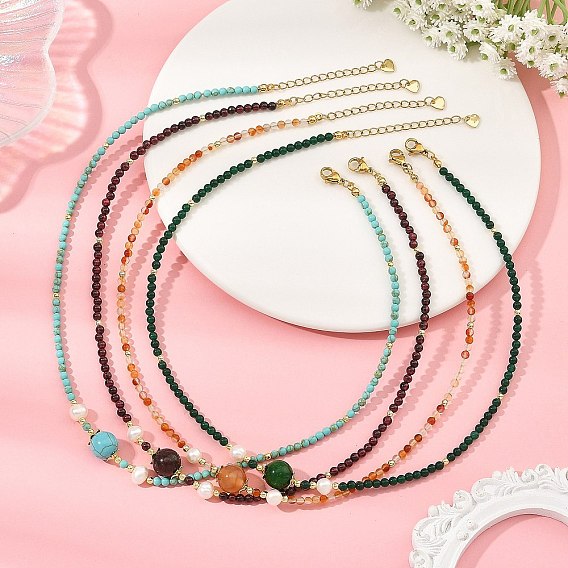 Gemstone Round and Natural Cultured Freshwater Pearl Beaded Necklaces, Golden
